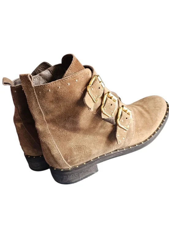 Minelli Italy Studded Leather Suede Ankle Boots With Buckle Dark Taupe Size 39 - Picture 3 of 11